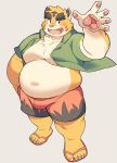  2020 anthro bakedanooki belly bulge clothed clothing felid hi_res humanoid_hands kemono male mammal open_clothing open_shirt open_topwear overweight overweight_anthro overweight_male pantherine shirt shots solo tiger topwear 