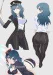  1girl absurdres alternate_costume ass bent_over bikini black_bikini black_capelet black_headwear black_jacket black_pants blue_eyes blue_hair breasts byleth_(fire_emblem) byleth_(fire_emblem)_(female) capelet cleavage closed_mouth collared_shirt commentary cowboy_shot cravat eyebrows_visible_through_hair fire_emblem fire_emblem:_three_houses fire_emblem_heroes flower from_behind garreg_mach_monastery_uniform grey_background hair_between_eyes hair_flower hair_ornament hand_on_own_cheek hat hibiscus highres ijiro_suika jacket leaning_forward long_hair long_sleeves looking_at_viewer looking_back lying medium_breasts military military_hat military_uniform multiple_views on_stomach open_clothes open_jacket pants shirt simple_background smile standing swimsuit twitter_username uniform waist_cape white_shirt 