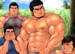  4boys abs bara bare_chest bare_shoulders black_hair brown_hair chest closed_eyes covering_one_eye facial_hair goatee looking_at_another male_focus manly masateruteru multiple_boys muscle navel nipples original peeking short_hair sideburns sleeveless smile stubble thick_eyebrows tight undressing 