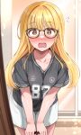  1girl black-framed_eyewear black_shirt blonde_hair blush braid collarbone commentary_request fujita_kotone gakuen_idolmaster glasses hair_down highres idolmaster indoors jersey long_hair looking_at_viewer open_mouth shiitake_taishi shirt short_sleeves shorts solo standing thighs tongue white_shorts 