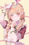  1girl animal_ears apron black_ribbon blonde_hair braid brown_dress commentary_request dress frilled_apron frills fujita_kotone gakuen_idolmaster hair_ribbon highres holding_own_ears idolmaster long_hair looking_at_viewer low_twin_braids maid_apron mitsuki_(micky_m1212) rabbit_ears ribbon solo twin_braids upper_body white_apron yellow_background yellow_eyes 