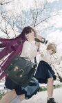  2girls absurdres bag black_hair blonde_hair blue_eyes blue_skirt blue_sky branch closed_mouth coat columbina_(genshin_impact) commentary_request eye_mask falling_petals floating_hair flower flute genshin_impact hair_ornament head_wings highres holding_hands instrument long_hair long_sleeves mask multicolored_hair multiple_girls outdoors petals pleated_skirt purple_hair recorder road sandrone_(genshin_impact) shenle shirt shoes shoulder_bag skirt sky smile spring_(season) standing tree two-tone_hair walking white_coat white_flower white_shirt white_shoes white_sleeves white_wings wings x_hair_ornament 