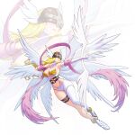  absurdres angel angel_wings angewomon asymmetrical_clothes belt breasts clothing_cutout commentary covered_eyes digimon digimon_(creature) hagoromo helmet helmet_over_eyes highres large_breasts multiple_wings o-ring o-ring_belt retto_7b shawl stomach_cutout thigh_strap winged_gloves winged_helmet wings wrist_wings zoom_layer 