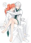  2boys ? ?? ahoge arm_support arms_around_neck barefoot blush borrowed_clothes braid chaldea_uniform closed_mouth coat collared_shirt commentary_request cosplay crossed_legs eye_contact fate/grand_order fate_(series) gjtthflmaster gloves green_coat green_eyes grey_eyes hair_behind_ear hair_between_eyes hair_over_shoulder high_ponytail korean_commentary long_hair long_sleeves looking_at_another male_focus marisbury_animusphere multicolored_coat multiple_boys nervous_smile no_pants open_mouth orange_hair pants parted_bangs ponytail romani_archaman romani_archaman_(cosplay) shirt shoes single_braid sitting sitting_on_lap sitting_on_person sleeves_past_wrists sleeves_rolled_up smile speech_bubble spoken_question_mark sweatdrop toes two-tone_coat white_coat white_gloves white_hair white_pants white_shirt white_shoes yaoi 
