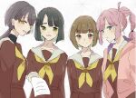  4girls :d ahoge anyoji_hime black_hair black_shirt blue_eyes blunt_bangs blunt_ends blush bob_cut brown_dress brown_hair closed_mouth commentary_request dress green_eyes green_hair hasu_no_shoushihenkei hasu_no_sora_school_uniform highres hood hood_down hooded_jacket inverted_bob jacket japanese_clothes kachimachi_kosuzu katsuragi_izumi link!_like!_love_live! long_hair long_sleeves love_live! momose_ginko multi-tied_hair multiple_girls neckerchief open_clothes open_jacket open_mouth orange_eyes pink_eyes pink_hair pink_jacket ponytail roku_aya_fuyu sailor_collar sailor_dress school_uniform shirt short_hair sidelocks slit_pupils smile turtleneck undershirt virtual_youtuber white_sailor_collar winter_uniform yellow_neckerchief 