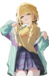  1girl black_ribbon blonde_hair braid cowboy_shot fang fujita_kotone gakuen_idolmaster highres idolmaster jacket kbsank open_clothes open_jacket pleated_skirt ribbon shirt simple_background single_off_shoulder skin_fang skirt sleeves_past_wrists solo twin_braids white_background yellow_eyes yellow_shirt 
