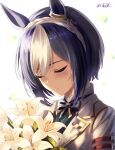  1girl absurdres animal_ears birthday blue_hair bouquet braid cesario_(future_weaver)_(umamusume) cesario_(umamusume) closed_eyes closed_mouth commentary_request crown_braid ear_ornament flower hair_between_eyes happy_birthday highres holding holding_bouquet horse_ears horse_girl jacket short_hair solo umamusume white_flower white_jacket ya-ya 