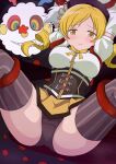  1girl absurdres arm_warmers beret black_panties blonde_hair blush bound breasts brown_corset charlotte_(madoka_magica) commentary_request corset defeat drill_hair flower_hairpin hair_ornament hat highres large_breasts long_hair looking_at_viewer magia_record:_mahou_shoujo_madoka_magica_gaiden magical_girl mahou_shoujo_madoka_magica mahou_shoujo_madoka_magica_(anime) mahou_shoujo_madoka_magica_magia_exedra neck_ribbon panties reito2684 restrained ribbon shirt skirt tentacles thigh_focus thighhighs thighs tomoe_mami tomoe_mami_(magical_girl) twin_drills underwear white_arm_warmers white_shirt witch_(madoka_magica) yellow_eyes yellow_ribbon yellow_skirt 