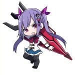 1girl arm_behind_head arm_up assault_lily black_shoes black_thighhighs blue_skirt blush bow bowtie brown_pantyhose chibi commentary_request full_body gumoyu hair_ornament hair_ribbon hand_up herensuge_girls_academy_school_uniform holding holding_behind_back holding_weapon holding_weapon_behind_back jacket leg_up long_hair long_sleeves looking_at_viewer matsumura_fuuka miniskirt open_mouth outstretched_arm pantyhose pink_eyes purple_hair purple_ribbon red_bow red_bowtie ribbon school_uniform shoes simple_background skirt solo standing standing_on_one_leg tassel tassel_hair_ornament thighhighs thighhighs_over_pantyhose twintails v-shaped_eyebrows very_long_hair weapon white_background white_jacket 