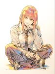  1girl ai-generated black_necktie black_pants braid braided_ponytail breasts chainsaw_man closed_mouth collared_shirt commentary_request crossed_legs long_hair long_sleeves looking_at_viewer machimachijapan makima_(chainsaw_man) medium_breasts necktie pants red_hair ringed_eyes shirt sidelocks simple_background smile solo white_shirt yellow_eyes 