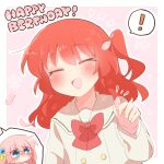  ! 2girls ^_^ blush bocchi_the_rock! border bow bowtie chibi closed_eyes commentary_request cube_hair_ornament gotoh_hitori gotoh_hitori_(tsuchinoko) hair_ornament hand_up happy_birthday holding holding_petal kita_ikuyo long_hair long_sleeves multiple_girls no_mouth notice_lines open_mouth outline outside_border petals pink_background pink_hair rebecca_(keinelove) red_bow red_bowtie red_hair sailor_collar shirt speech_bubble spoken_exclamation_mark upper_body white_border white_outline white_sailor_collar white_shirt 