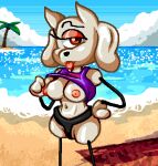 1_eye 2024 anthro artist_collaboration banding beach beach_towel bedroom_eyes bikini_thong blep breasts canid canine canis clothed clothing clothing_lift cloud colored_line_art cyclops digital_media_(artwork) domestic_cat domestic_dog doodle_(species) exposed_breasts eyebrows eyeshadow felid feline felis female floppy_ears glistening glistening_water gradient_background hand_on_hip inviting_viewer island looking_at_viewer low_res makeup mammal midriff mitten_hands narrowed_eyes noodle_arms palm_tree pearlsy pixel_(artwork) plant pointy_ears raised_eyebrow red_eyes sea seductive shirt shirt_lift short_snout simple_background solo spdy4 stick_limbs summer swimwear tdtbaa tongue tongue_out topwear towel tree unibrow unusual_anatomy unusual_limb water wave