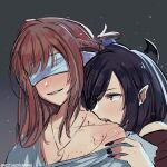  2girls bite_mark bite_mark_on_breast bite_mark_on_shoulder biting_shoulder black_hair black_nails blindfold blood blush braid brown_hair commentary english_commentary fang grey_background half_up_braid highres jewelry long_hair medium_hair miyagi_shiori multiple_girls necklace parted_lips pointy_ears rotundwaffas sendai_hazuki shuuniichido_classmate_wo_kau_hanashi smile vampire yuri 