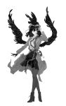  1girl absurdres arm_up belt belt_pouch bird black_boots black_gloves black_hair black_necktie black_pantyhose black_skirt black_wings boots bracelet camera coat collared_shirt commentary_request commission covering_one_eye crossed_legs crow feathered_wings full_body gloves greyscale hair_between_eyes hat highres holding holding_camera jewelry lace-up_boots long_sleeves looking_at_viewer monochrome necktie newsboy_cap open_clothes open_coat pantyhose parted_lips pom_pom_(clothes) pouch shameimaru_aya shameimaru_aya_(newsboy) shirt short_hair simple_background single_glove skirt smile solo tansuyuli touhou white_background white_shirt wings 