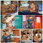 2025 aaron_(artist) abs alarm_clock anthro armpit_hair athletic_wear balls bathing bear big_balls big_bulge big_butt big_muscles big_penis body_hair border brown_body brown_fur bulge butt cellphone clock comic dialogue digital_media_(artwork) electronics english_text erection exclamation_point fur genitals hi_res humanoid_genitalia humanoid_penis justin_(aaron) male mammal midriff morning_wood muscular muscular_anthro muscular_male nipple_outline nipples nude_male orange_eyes pecs penis phone pubes showering sleeping_nude solo speech_bubble tan_body tan_fur text url ursine vein veiny_penis waking_up white_border