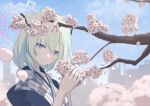  1girl animal_ears artist_logo artist_name bath_yukata blue_archive blue_haori blue_sky blurry blurry_background blurry_foreground branch cherry_blossoms closed_mouth commentary_request day depth_of_field falling_petals flower from_side green_hair grey_kimono halo haori japanese_clothes kimono logo looking_at_viewer looking_to_the_side mira-snow-white outdoors petals pink_flower pink_petals portrait purple_eyes purple_halo ring_of_light_(blue_archive) shigure_(blue_archive) shigure_(hot_spring)_(blue_archive) sky skyline smile solo spring_(season) weasel_ears weasel_girl yagasuri yukata 