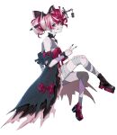  1girl absurdres ahoge asymmetrical_footwear bandaged_arm bandaged_leg bandages bare_shoulders black_boots black_bow black_dress blunt_ends boots bow chest_sarashi colored_skin commentary diamond-shaped_pupils diamond_(shape) double_bun dress dress_bow eipanguino full_body gradient_eyes green_eyes grey_hair grey_skin grin hair_bow hair_bun heterochromia highres hololive hololive_indonesia impaled kureiji_ollie kureiji_ollie_(1st_costume) lace-up_boots layered_dress long_hair looking_at_viewer mary_janes mismatched_footwear mismatched_pupils multicolored_eyes multicolored_hair patchwork_skin pink_hair puffy_short_sleeves puffy_sleeves red_bow red_eyes red_hair red_shoes sarashi shoes short_sleeves simple_background sitting smile solo stitched_arm stitched_face stitched_leg stitched_torso stitches sword symbol-shaped_pupils torn_clothes torn_dress v virtual_youtuber weapon white_background x-shaped_pupils yellow_eyes zombie 