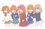  5girls :d ahoge black_jacket blue_eyes blue_jacket blue_skirt blush blush_stickers bow bowtie braid brown_dress buttons collared_shirt commentary_request cosplay costume_switch diagonal-striped_bow diagonal-striped_bowtie diagonal-striped_clothes double-breasted dress green_eyes grey_dress grey_skirt group_costume_switch hair_bow hair_bun hair_ornament hasu_no_sora_school_uniform highres hinoshita_kaho hinoshita_kaho_(cosplay) honoka_noodle jacket korean_commentary kosaka_honoka kosaka_honoka_(cosplay) link!_like!_love_live! long_sleeves love_live! love_live!_nijigasaki_high_school_idol_club love_live!_school_idol_project love_live!_sunshine!! love_live!_superstar!! medium_hair miniskirt multiple_girls neck_ribbon neckerchief nijigasaki_school_uniform one_side_up open_clothes open_jacket open_mouth orange_hair otonokizaka_school_uniform pinafore_dress pink_hair plaid_clothes plaid_skirt pleated_dress pleated_skirt purple_eyes rabbit_hair_ornament red_bow red_bowtie red_eyes red_neckerchief red_ribbon ribbon sailor_collar sailor_dress school_uniform shibuya_kanon shibuya_kanon_(cosplay) shirt short_dress side_braid simple_background single_side_bun skirt sleeveless sleeveless_dress smile striped_bow striped_bowtie striped_clothes sweatdrop takami_chika takami_chika_(cosplay) trait_connection two_side_up uehara_ayumu uehara_ayumu_(cosplay) virtual_youtuber white_background white_sailor_collar white_shirt white_skirt winter_uniform yellow_bow yuigaoka_school_uniform 