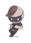  1boy artist_name banknote black_mask black_pants black_shirt black_shoes brown_hair butch_(mewgenics) chinese_commentary commentary_request cross_scar eye_mask facial_hair film_grain full_body highres hightguy holding holding_money knees_apart_feet_together male_focus mask mewgenics money mustache open_mouth pants paw_print scar shirt shoes short_hair short_sleeves simple_background solo standing teeth white_background white_eyes 