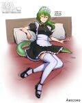  1girl abscord absurdres alternate_costume apron arknights arknights:_endfield bed bed_invitation black_dress breasts commentary double-parted_bangs dress english_commentary english_text enmaided fluorite_(arknights) frilled_apron frilled_dress frills full_body green_eyes green_hair hair_between_eyes hair_ornament hairclip highres long_hair looking_at_viewer lying maid mary_janes medium_breasts on_back on_bed parted_lips pillow shoes short_sleeves smile snake_girl snake_tail solo tail talking thighhighs waist_apron white_apron white_thighhighs zettai_ryouiki 