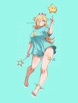  1girl anklet aqua_nails aqua_shirt bare_legs barefoot blonde_hair blue_eyes blush breasts commentary crown earrings english_commentary feet hair_over_one_eye hand_up holding holding_wand jewelry jk_arts large_breasts legs long_hair looking_at_viewer luma_(mario) mario_(series) nail_polish parted_lips pointing pointing_up print_shirt rosalina shirt short_sleeves silver_crown skindentation star_(symbol) star_earrings star_print star_wand super_mario_galaxy thigh_strap thighs toenail_polish toenails toes twitter_username wand 