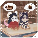 1:1 anthro cake candy chocolate chocolate_cake clothing dark_hair dessert diner duo eyewear female food fur glasses ling(sylvewon) mammal murid murine pattern_clothing phawn(sylvewon) procyonid raccoon rat red_clothing restaurant rodent sitting speech_bubble striped_clothing stripes sylvewon thought_bubble wearing_glasses white_body white_fur