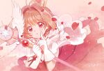 1girl ahoge aoi_rokushou blush brown_hair cape cardcaptor_sakura crown dress falling_petals finger_to_face frilled_dress frills gem gloves hair_intakes highres holding holding_wand kinomoto_sakura magical_girl open_mouth petals red_dress red_eyes red_gem see-through_cape short_hair solo star_wand strap upper_body wand white_gloves winged_wand 
