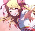  1girl ;d bad_id bad_twitter_id blonde_hair chaos_marie_(grimms_notes) contrast_collar corset gradient_background grimms_notes hair_between_eyes hair_ribbon heart heart-shaped_pupils long_hair looking_at_viewer one_eye_closed open_mouth pink_eyes pink_ribbon pointing pointing_at_viewer puffy_short_sleeves puffy_sleeves red_corset ribbon shirt short_sleeves smile solo striped_ribbon symbol-shaped_pupils white_shirt wings yozu_(yozu0420) 