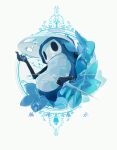  1boy arthropod_boy artist_name blue_flower check_commentary chinese_commentary commentary_request commission film_grain flower from_below highres hightguy holding holding_weapon hollow_eyes hollow_knight male_focus mask mask_on_head nail_(hollow_knight) quirrel simple_background solo translation_request water_drop weapon white_background white_mask 