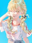  1girl arm_up black_ribbon blonde_hair braid breasts clothes_writing collarbone commentary fang fujita_kotone gakuen_idolmaster grey_pants hair_ribbon highres idolmaster long_hair looking_at_viewer low_twin_braids medium_breasts mitsuki_(micky_m1212) one_eye_closed open_mouth pants ribbon shirt short_sleeves smile solo twin_braids white_shirt yellow_eyes 
