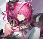  1girl ahchuh arknights arknights:_endfield bare_shoulders black_horns blue_eyes breasts closed_mouth commentary diamond_in_eye dragon_girl dragon_horns dragon_tail gloves hair_intakes hair_on_horn highres horns long_hair looking_at_viewer multicolored_hair multicolored_horns pants pink_hair pink_horns pink_sleeves pink_tube_top pointy_ears smile solo strapless streaked_hair tail tube_top two-tone_horns white_pants yvonne_(arknights) 
