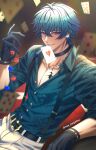  1boy ace_(playing_card) ace_of_hearts alternate_costume black_gloves blue_hair blue_shirt blurry blurry_background brant_(wuthering_waves) card chromatic_aberration collarbone commentary dice gloves hair_between_eyes hand_up heart highres jewelry looking_at_viewer male_focus mouth_hold multicolored_hair necklace pants parted_lips partially_unbuttoned pink_eyes playing_card sae_naiyatsu shirt smile solo streaked_hair tacet_mark_(wuthering_waves) twitter_username untranslatable_commentary white_pants wuthering_waves 