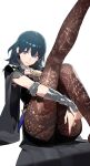  1girl ai-generated blue_eyes breasts commentary_request drowsy_sheep female_byleth_(fire_emblem) fire_emblem fire_emblem:_three_houses green_hair highres large_breasts long_hair pantyhose pantyhose_under_shorts patterned_legwear shorts 