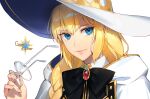  1girl aesc_(fate) aesc_(rain_witch)_(fate) black_bow black_bowtie blonde_hair blue_eyes bow bowtie braid brooch cloak closed_mouth commentary_request english_text fate/grand_order fate_(series) gem gjtthflmaster glasses gold_trim grand_servant_(fate/grand_order) grey-framed_eyewear hair_over_shoulder hand_up hat holding holding_removed_eyewear hood hooded_cloak jewelry korean_commentary light_smile lips long_hair looking_at_viewer low-braided_long_hair low-tied_long_hair portrait red_gem round_eyewear simple_background single_braid solo two-sided_fabric two-sided_headwear unworn_eyewear white_background white_cloak white_hat witch_hat 