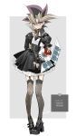  1boy absurdres ankle_strap border card commentary detached_sleeves duel_disk full_body garter_straps grey_background high_heels highres layered_skirt necktie purple_eyes skirt sweat thighhighs translation_request trap twitter_username untranslatable_commentary white_border yami_yugi yu-gi-oh! yuthie 
