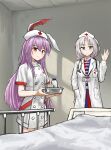  2girls absurdres alternate_costume animal_ears bed blue_dress chinese_commentary closed_mouth coat commentary_request cross cross_print doctor dress han_tan_wen_xiang hand_in_pocket hat highres hospital_bed id_card long_hair long_sleeves looking_at_viewer multiple_girls nurse nurse_cap open_clothes open_coat purple_hair rabbit_ears rabbit_girl red_cross red_dress red_eyes reisen_udongein_inaba short_sleeves smile stethoscope_around_neck touhou two-tone_dress waving white_coat white_hat yagokoro_eirin 