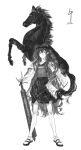  1girl 2026 absurdres armor belt black_belt black_skirt closed_mouth club_(weapon) commentary_request full_body greyscale highres holding holding_club holding_weapon horse japanese_armor legs_apart len'en long_hair looking_at_viewer monochrome planted_club pleated_skirt pointy_ears reactivate_majestical_imperial shirt skirt smile socks solo standing taira_no_fumikado tansuyuli very_long_hair weapon white_socks 
