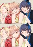  3girls :d ^_^ awoke_(love_live!) bare_shoulders bead_necklace beads black_gloves black_jacket black_ribbon blonde_hair blue_hair blue_hat blush choker closed_eyes closed_mouth commentary_request do!_do!_do!_(love_live!) dress earrings fang frilled_dress frills gloves gradient_hair green_hairband hair_ribbon hairband hand_on_another's_shoulder hasu_no_sanrenka hat heart heart_earrings highres hinoshita_kaho jacket jewelry link!_like!_love_live! long_hair love_live! low_twintails mini_hat multicolored_hair multiple_girls murano_sayaka necklace open_mouth orange_choker orange_hair orange_ribbon osawa_rurino parted_bangs parted_lips red_dress ribbon ribbon_choker roku_aya_fuyu short-sleeved_jacket short_sleeves single-shoulder_dress sleeveless sleeveless_dress smile suisai_sekai tilted_headwear twintails virtual_graduation_commemoration virtual_youtuber white_dress 