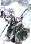  1girl absurdres black_hairband black_necktie bright_pupils closed_mouth collared_shirt commentary cowboy_shot denpa_rasaito green_eyes green_skirt green_vest grey_hair hair_between_eyes hairband highres holding holding_sword holding_weapon katana konpaku_youmu konpaku_youmu_(ghost) leg_up looking_at_viewer necktie puffy_short_sleeves puffy_sleeves shirt short_hair short_sleeves skirt skirt_set solo standing standing_on_one_leg sword touhou vest weapon white_pupils white_shirt 