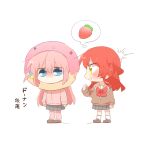  2girls blue_eyes blush bocchi_the_rock! bow bowtie brown_shoes brown_sweater chibi chibi_only closed_mouth commentary_request cube_hair_ornament donut food food_costume fruit full_body gotoh_hitori grey_skirt hair_between_eyes hair_ornament hand_up jacket kita_ikuyo long_hair long_sleeves multiple_girls no_mouth one_side_up pants pants_under_skirt pink_hair pink_jacket pink_pants pleated_skirt rebecca_(keinelove) red_bow red_bowtie red_hair sailor_collar school_uniform serafuku shoes shuka_high_school_uniform simple_background skirt socks speech_bubble spoken_food standing strawberry sweater thought_bubble track_jacket translation_request white_background white_sailor_collar white_socks yellow_eyes 
