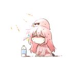  1girl bocchi_the_rock! bottle chibi chibi_only closed_eyes commentary_request gotoh_hitori gotoh_hitori_(tsuchinoko) hot long_hair on_head pink_hair pink_track_suit rebecca_(keinelove) sitting summer sweat track_suit water_bottle 