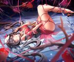  1girl absurdres black_hair breasts commentary dress fish flying_fish fox_mask highres honkai:_star_rail honkai_(series) long_hair looking_at_viewer lying mask mask_on_head medium_breasts on_back purple_eyes red_dress salmon shibari solo sparkle_(honkai:_star_rail) thighs twintails usagi_(taiwan) very_long_hair 