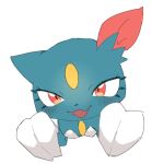 2026 2_claws ambiguous_gender blue_body blue_ears blush blush_lines claws clothing colored eyelashes feral finger_claws generation_2_pokemon leotard looking_at_viewer looking_up looking_up_at_viewer nintendo open_mouth pokemon pokemon_(species) rawr red_ears red_eyes semi-anthro simple_background smile smiling_at_viewer sneasel solo standing white_background white_clothing white_leotard white_sclera yakiniku628