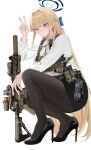  1girl absurdres alternate_costume assault_rifle belt black_pantyhose black_shoes black_skirt blonde_hair blue_archive blue_eyes blue_streaks blush braid breasts camouflage cleavage dress_shirt fte_(fifteen_199) gloves gun h&amp;k_hk416 half_up_braid halo high_heels highres long_hair looking_at_viewer medium_breasts miniskirt multicolored_hair office_lady open_collar pantyhose pencil_skirt rifle shirt shoes sig_mcx simple_background skirt solo squatting streaked_hair tactical_clothes toki_(blue_archive) unworn_gloves utility_belt v very_long_hair weapon white_background white_shirt 