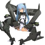  bangs blue_hair blush breasts busou_shinki doll_joints full_body gloves hair_ornament head_tilt high_heels leotard long_hair looking_at_viewer mecha_musume multiple_arms neon_trim pointy_ears red_eyes sidelocks simple_background sitting slender_waist small_breasts solo spread_legs strarf twintails u_(the_unko) white_background 