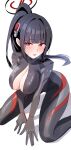 1girl arms_between_legs black_bodysuit black_hair black_halo blue_archive blunt_bangs blush bodysuit breasts breath bright_pupils commentary_request covered_nipples halo highres kneeling large_breasts long_hair looking_at_viewer multicolored_halo official_alternate_costume official_alternate_hairstyle open_bodysuit open_clothes ponytail red_eyes ringed_eyes rio_(armed)_(blue_archive) rio_(blue_archive) shianorei simple_background skin_tight solo steaming_body sweat two-tone_halo white_background white_pupils 