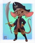  2018 anthro arsemaus boots bottomless buckteeth chest_tuft clitoral_hood clothed clothing colored_nails ear_piercing feathers female flat_chested footwear hand_on_hip hat high_heels mammal melee_weapon mouse open_jacket open_mouth partially_clothed piercing pirate pussy red_eyes rodent scar scimitar shoes skull_and_crossbones solo sword teeth tuft weapon 