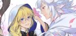  1boy 1girl aesc_(fate) aesc_(rain_witch)_(fate) black_bow black_bowtie blonde_hair blue_eyes bow bowtie brooch cloak closed_mouth commentary_request eye_contact falling_petals fate/grand_order fate_(series) flower gem gjtthflmaster glasses gold_trim grey-framed_eyewear hair_between_eyes hair_over_shoulder hands_up holding holding_flower holding_staff hood hood_up hooded_cloak jewelry korean_commentary long_hair long_sleeves looking_at_another mage_staff merlin_(fate) parted_lips petals pink_flower red_eyes red_gem round_eyewear smile staff two-sided_cloak two-sided_fabric upper_body white_cloak white_hair 