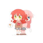  ... 2girls :d ? blue_eyes blush bocchi_the_rock! bow bowtie brown_shoes brown_sweater chibi chibi_only commentary_request full_body gotoh_hitori grey_skirt jacket kita_ikuyo long_hair long_sleeves multiple_girls open_mouth pants pants_under_skirt pink_hair pink_jacket pink_pants pleated_skirt rebecca_(keinelove) red_bow red_bowtie red_hair sailor_collar school_uniform serafuku shoes shuka_high_school_uniform simple_background skirt smile socks speech_bubble spoken_ellipsis spoken_question_mark standing sweater track_jacket white_background white_sailor_collar white_socks yellow_eyes 