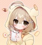  1girl 2000s_(style) ahoge blush brown_eyes brown_hair checkerboard_cookie chocolate_chip_cookie closed_mouth coffee_mug commentary_request cookie crossed_bangs cup dot_nose double-parted_bangs faux_retro_artstyle food gradient_background hair_between_eyes hair_through_hood highres holding holding_cup hood hood_up hoodie kmnk_(kumanuko) looking_at_viewer marshmallow mug original outline pink_background polka_dot polka_dot_background short_hair sleeves_past_wrists solo upper_body white_outline yellow_background yellow_hoodie 